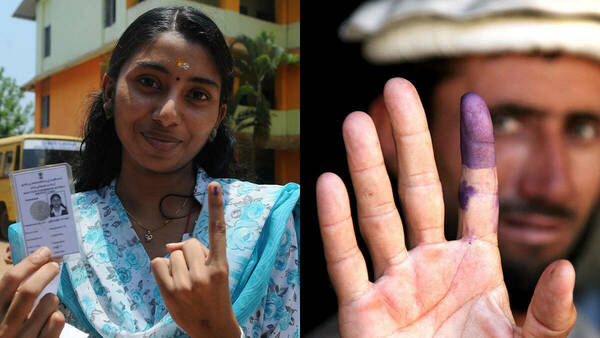 Voters show the mark of indelible ink after casting their vote at a polling booth in India and Afghanistan elections.