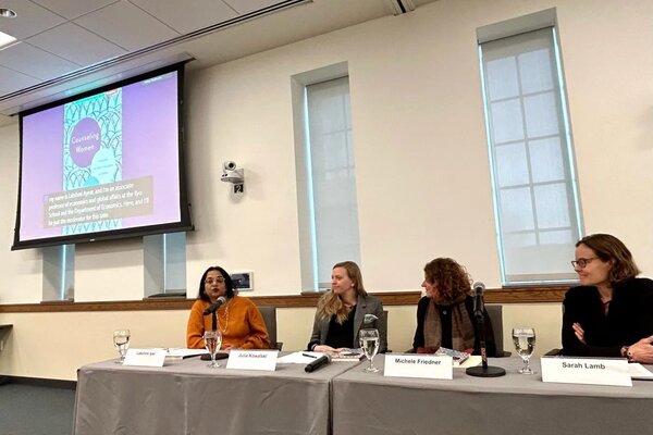 Panelists and author Julia Kowalski (second from left) discuss the launch of her new book, “Counseling Women: Kinship Against Violence in India.”