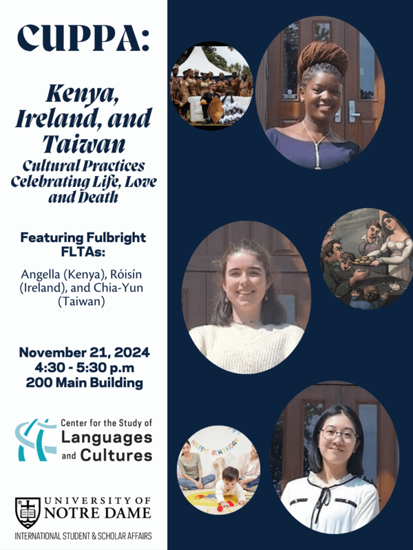 A blue flyer advertising an event titled "CUPPA: Kenya, Ireland, and Taiwan Cultural Practices Celebrating Life, Love, and Death," featuring Fulbright FLTAs.