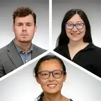 Square photo split into three sections with a man and two women. Liam Kruger, Emily Wang, and Xueying Wang of UND.