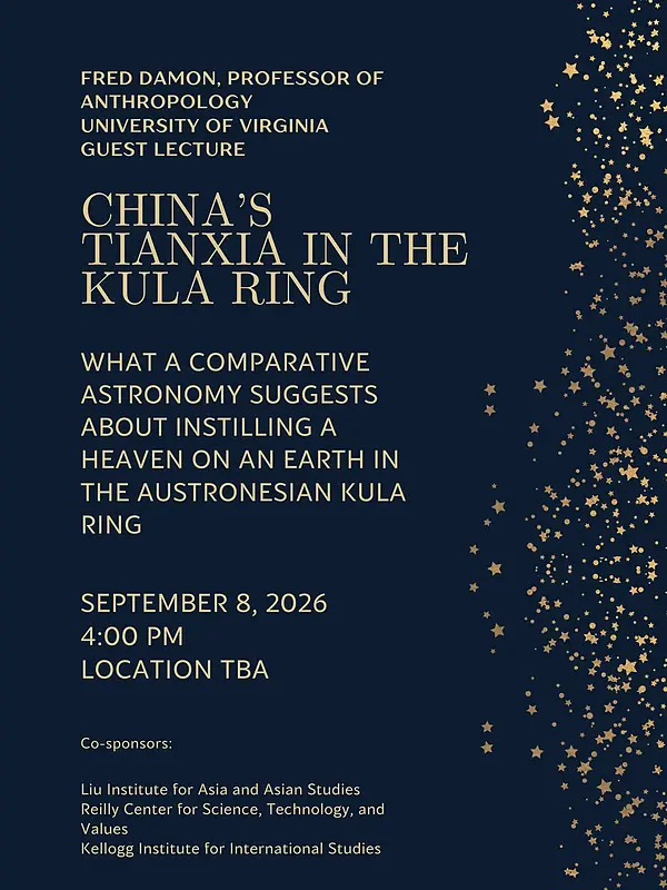 Dark blue flyer for an event, with gold text and gold stars cascading down the right side.